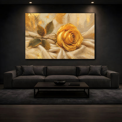 Mockup 3. Modern Acrylic Painting Single Golden Rose Against Linen Cloth shown as stretched canvas wall art
