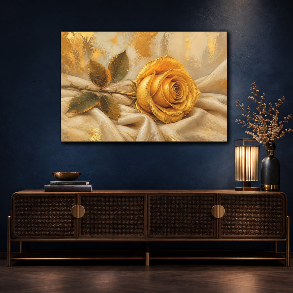 Mockup 4. Modern Acrylic Painting Single Golden Rose Against Linen Cloth shown as stretched canvas wall art