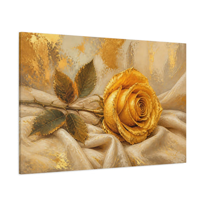 Side Mockup 1. Modern Acrylic Painting Single Golden Rose Against Linen Cloth shown as stretched canvas wall art