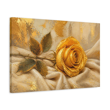 Side Mockup 3. Modern Acrylic Painting Single Golden Rose Against Linen Cloth shown as stretched canvas wall art