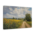 Side Mockup 4. Modern Acrylic Painting Sunflowers Across Country Road Beneath Cloudy Light shown as stretched canvas wall art