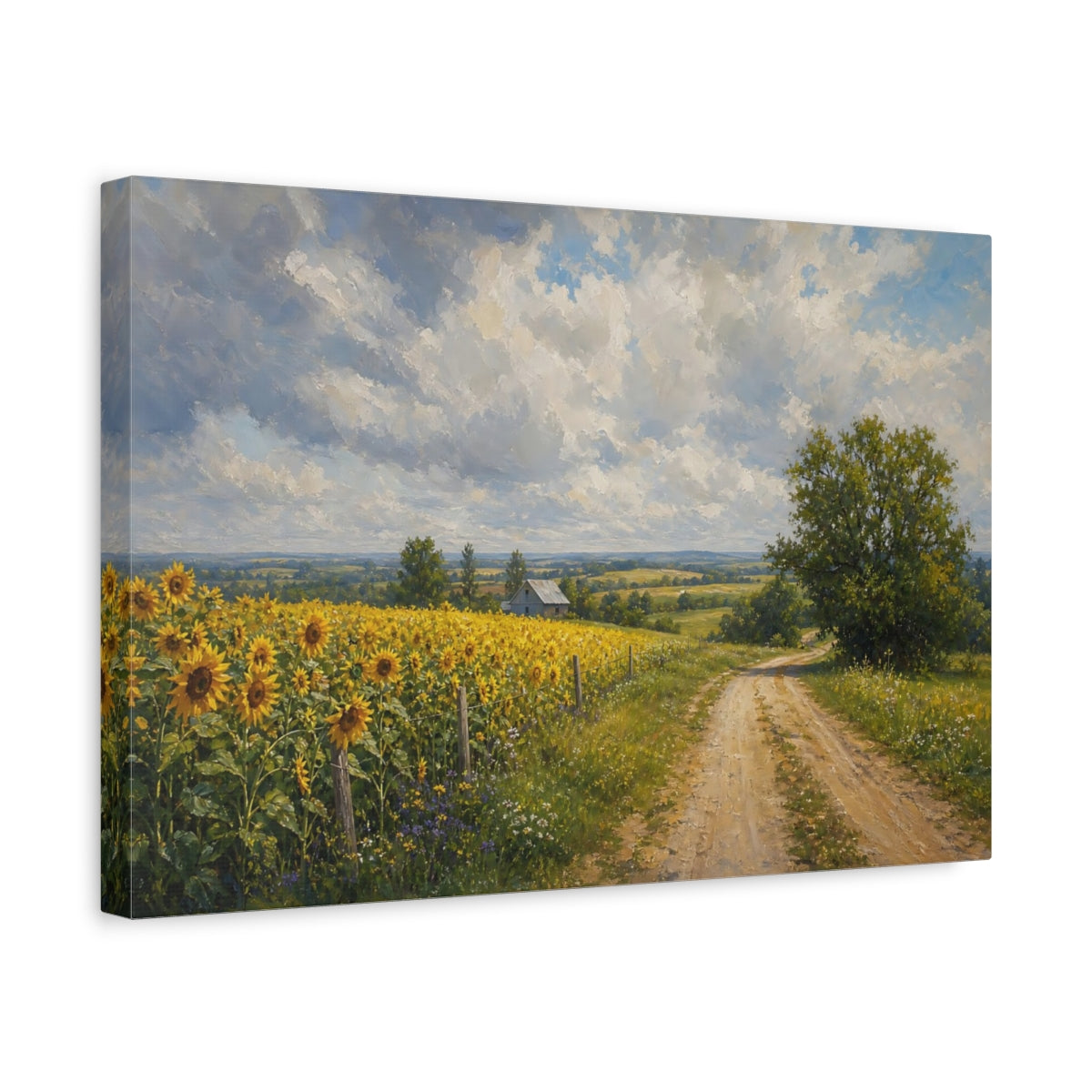 Side Mockup 4. Modern Acrylic Painting Sunflowers Across Country Road Beneath Cloudy Light shown as stretched canvas wall art