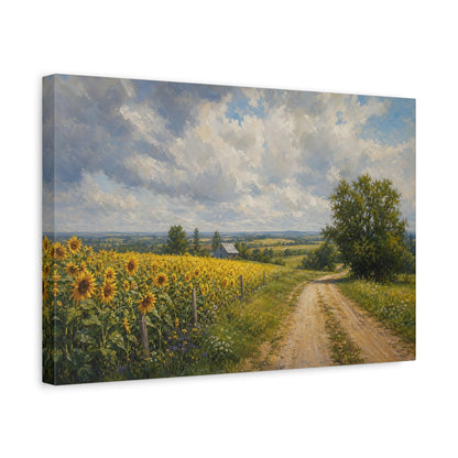 Side Mockup 4. Modern Acrylic Painting Sunflowers Across Country Road Beneath Cloudy Light shown as stretched canvas wall art