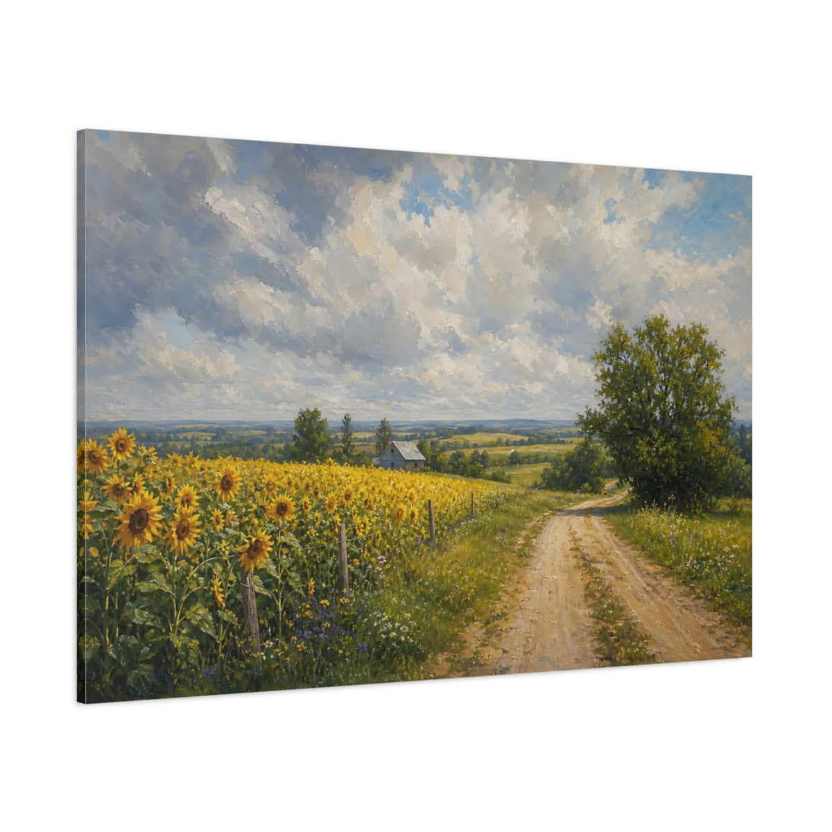 Side Mockup 1. Modern Acrylic Painting Sunflowers Across Country Road Beneath Cloudy Light shown as stretched canvas wall art