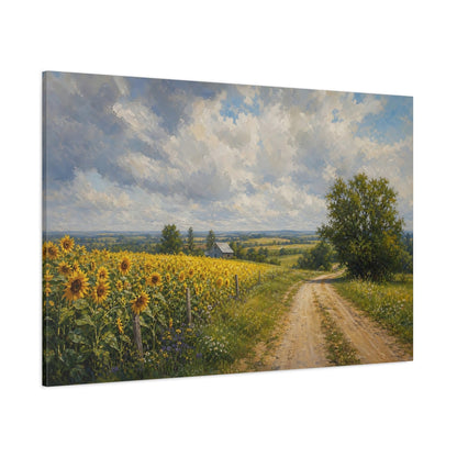 Side Mockup 1. Modern Acrylic Painting Sunflowers Across Country Road Beneath Cloudy Light shown as stretched canvas wall art