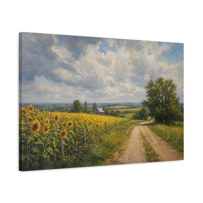 Side Mockup 2. Modern Acrylic Painting Sunflowers Across Country Road Beneath Cloudy Light shown as stretched canvas wall art
