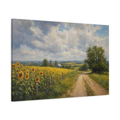 Main Mockup. Modern Acrylic Painting Sunflowers Across Country Road Beneath Cloudy Light shown as stretched canvas wall art