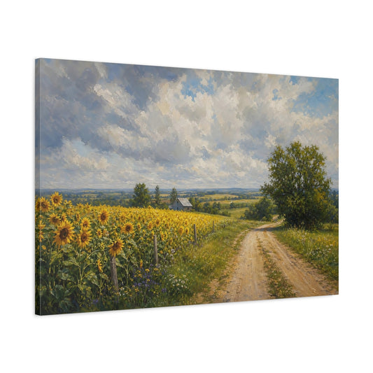 Main Mockup. Modern Acrylic Painting Sunflowers Across Country Road Beneath Cloudy Light shown as stretched canvas wall art