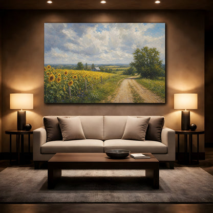 Mockup 2. Modern Acrylic Painting Sunflowers Across Country Road Beneath Cloudy Light shown as stretched canvas wall art