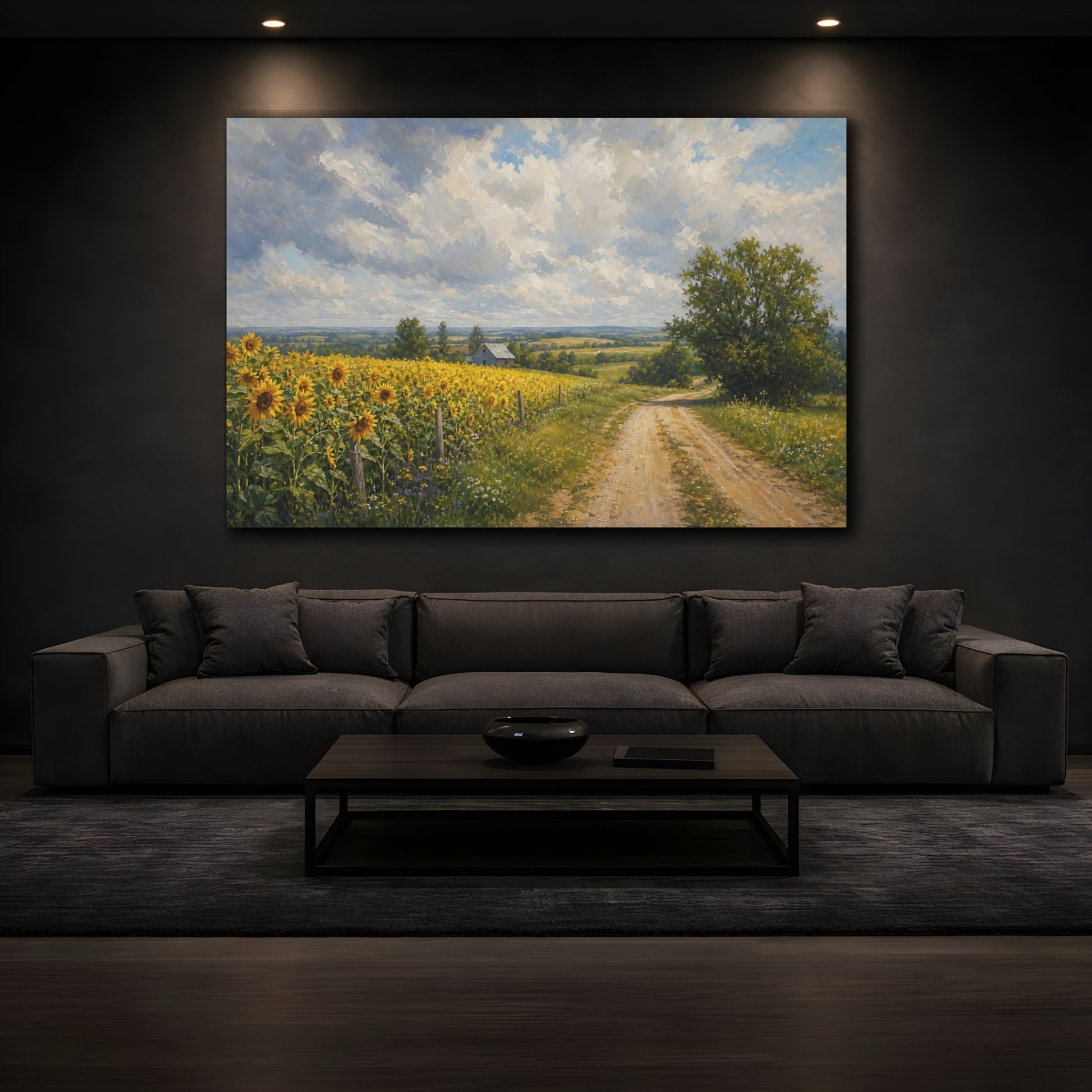 Mockup 3. Modern Acrylic Painting Sunflowers Across Country Road Beneath Cloudy Light shown as stretched canvas wall art
