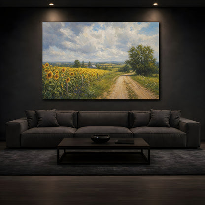 Mockup 3. Modern Acrylic Painting Sunflowers Across Country Road Beneath Cloudy Light shown as stretched canvas wall art