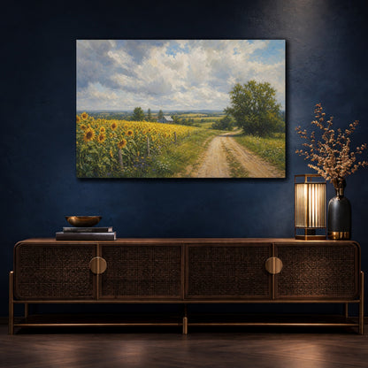 Mockup 4. Modern Acrylic Painting Sunflowers Across Country Road Beneath Cloudy Light shown as stretched canvas wall art