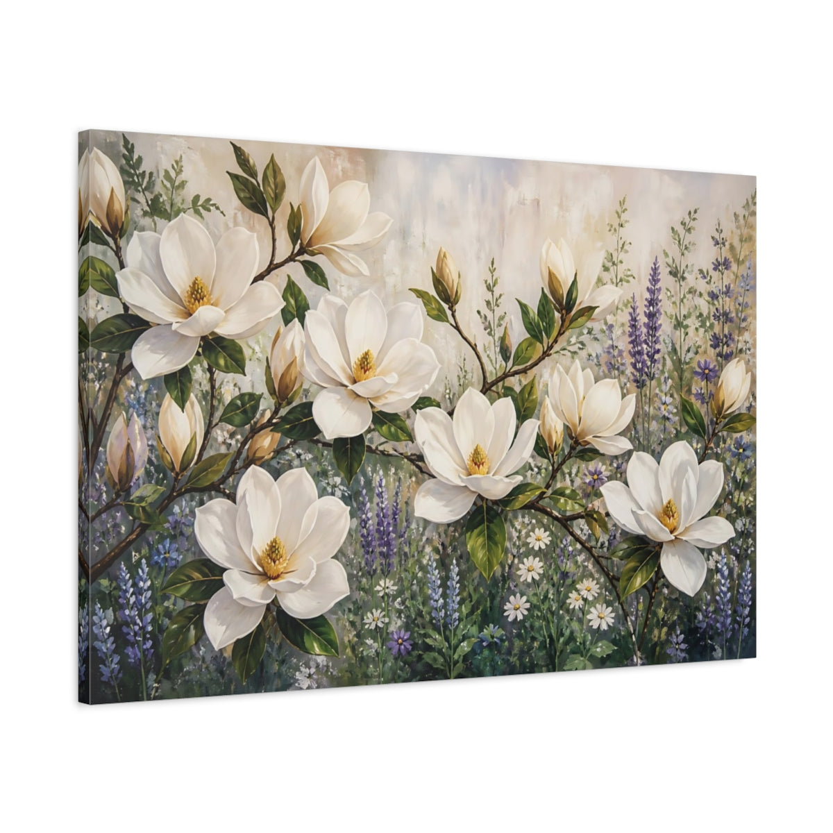 Main Mockup. Modern Acrylic Painting White Magnolia Branches Against Herb Garden shown as stretched canvas wall art