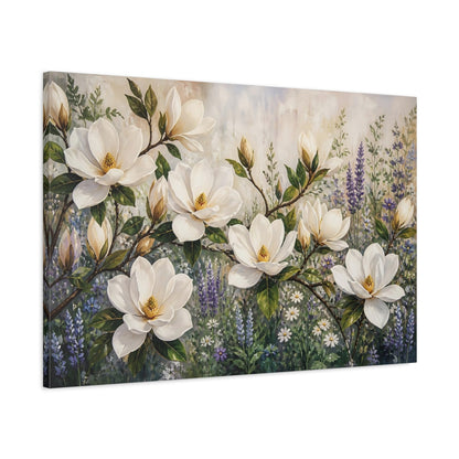 Main Mockup. Modern Acrylic Painting White Magnolia Branches Against Herb Garden shown as stretched canvas wall art