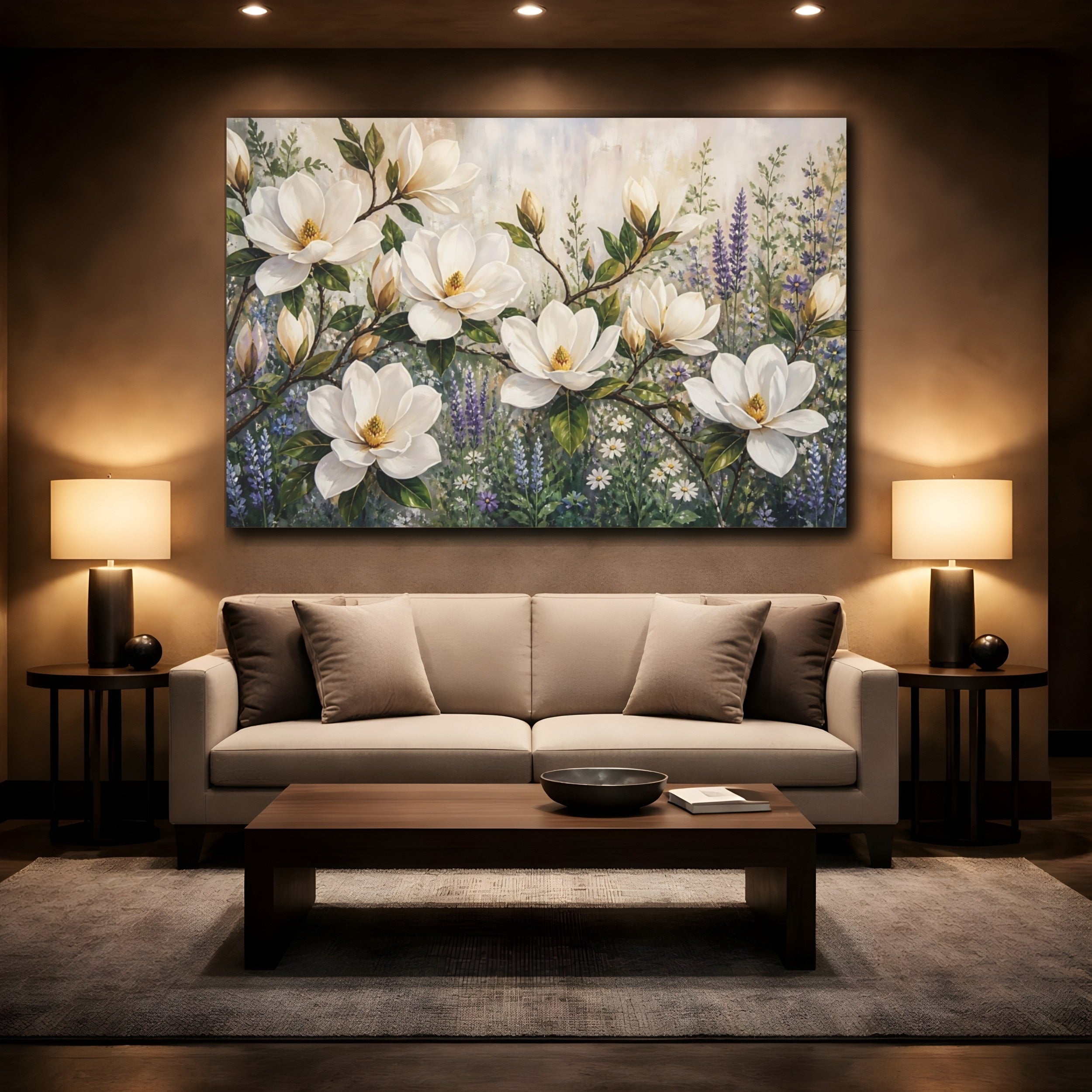 Mockup 2. Modern Acrylic Painting White Magnolia Branches Against Herb Garden shown as stretched canvas wall art