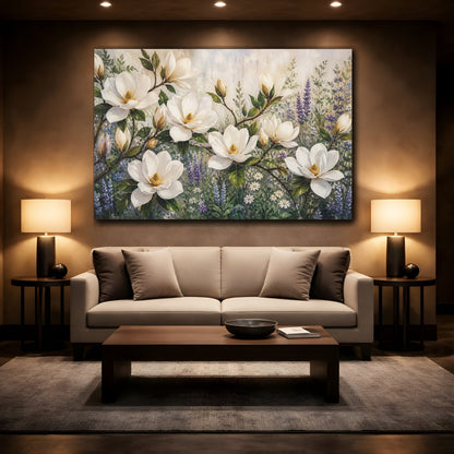 Mockup 2. Modern Acrylic Painting White Magnolia Branches Against Herb Garden shown as stretched canvas wall art