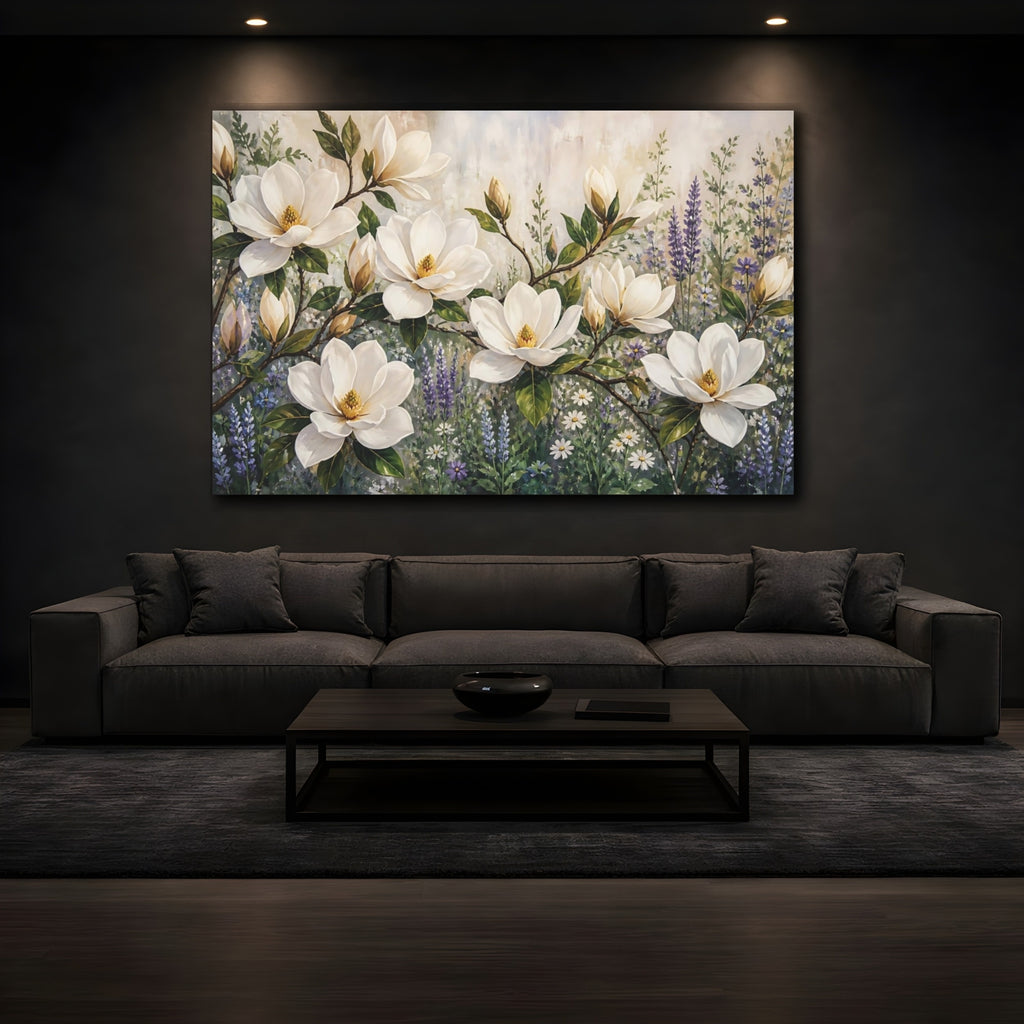 Mockup 3. Modern Acrylic Painting White Magnolia Branches Against Herb Garden shown as stretched canvas wall art