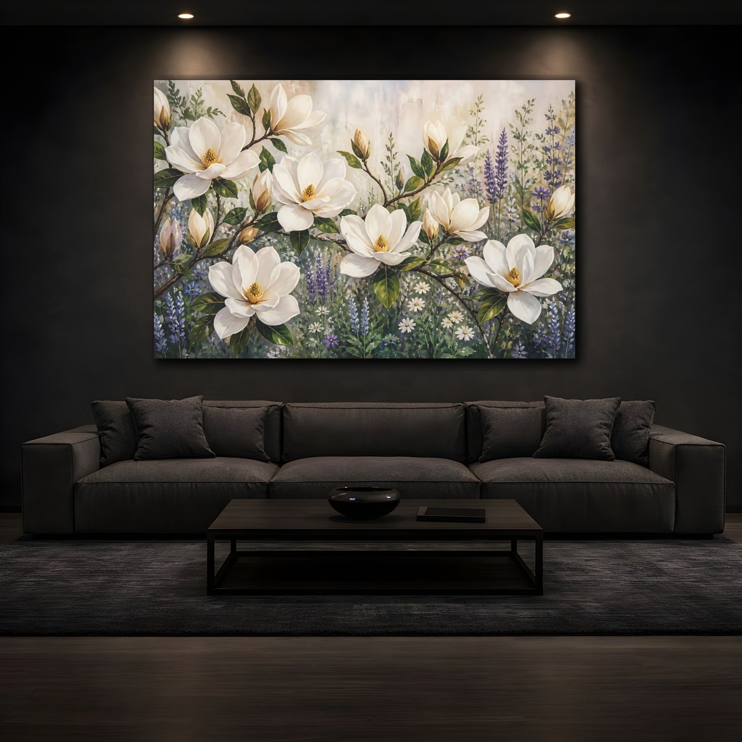 Mockup 3. Modern Acrylic Painting White Magnolia Branches Against Herb Garden shown as stretched canvas wall art