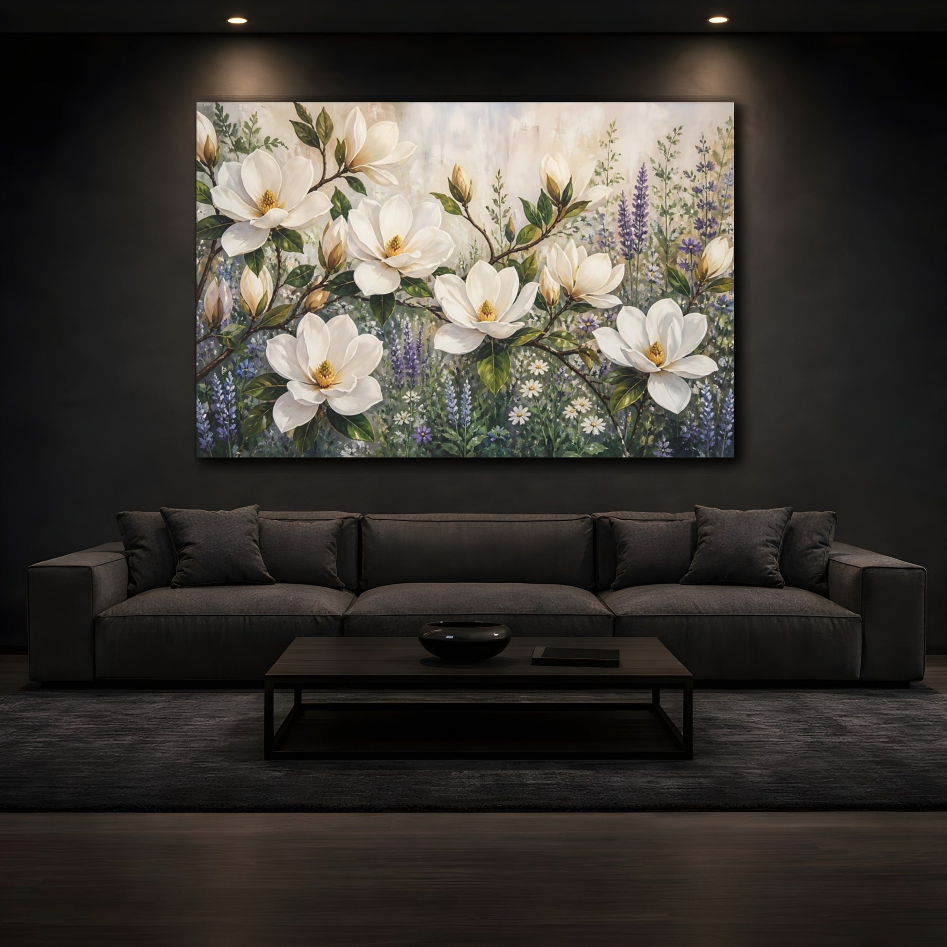 Mockup 3. Modern Acrylic Painting White Magnolia Branches Against Herb Garden shown as stretched canvas wall art