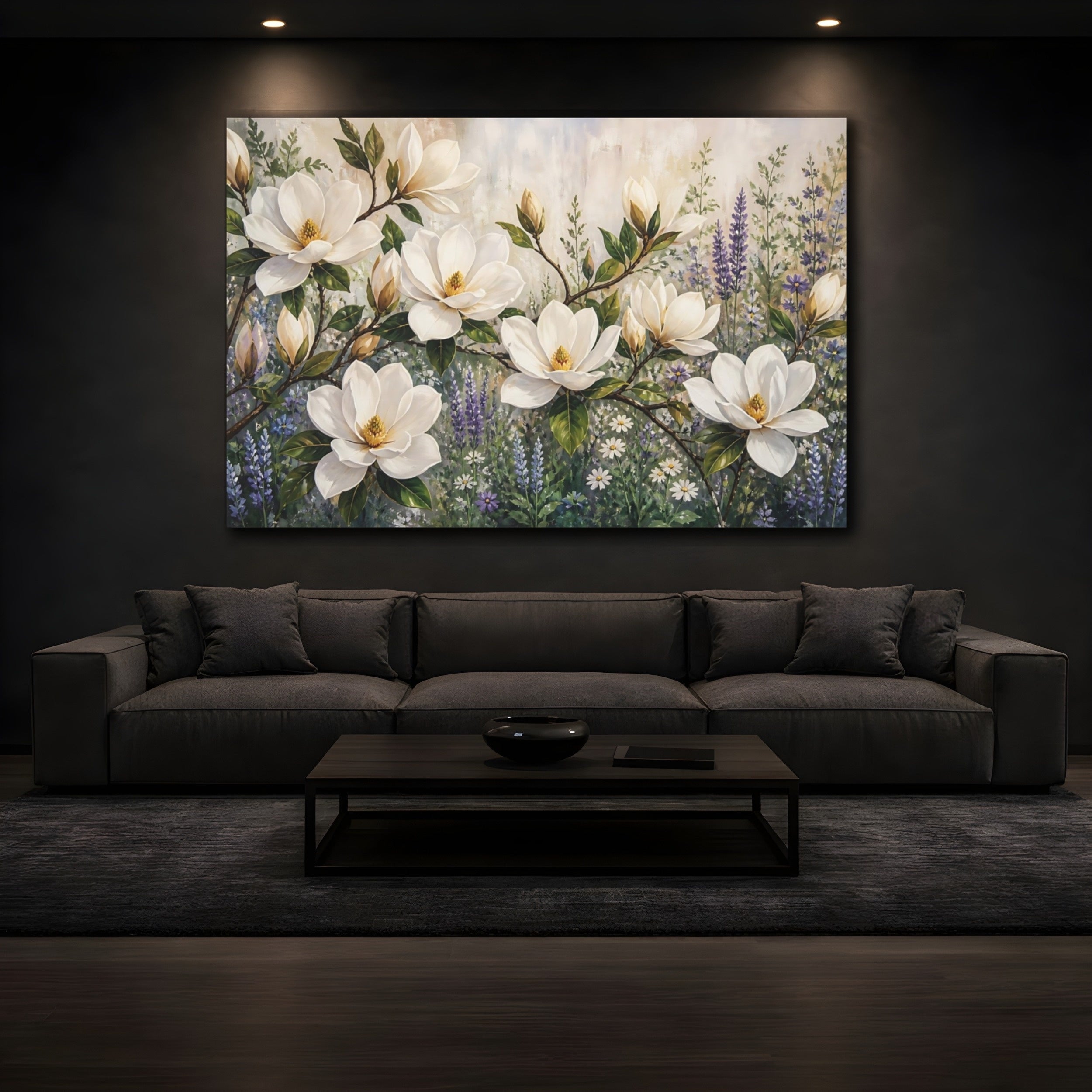 Mockup 3. Modern Acrylic Painting White Magnolia Branches Against Herb Garden shown as stretched canvas wall art