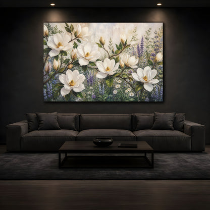 Mockup 3. Modern Acrylic Painting White Magnolia Branches Against Herb Garden shown as stretched canvas wall art