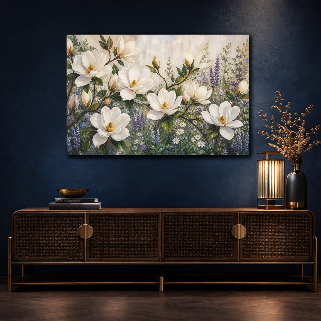 Mockup 4. Modern Acrylic Painting White Magnolia Branches Against Herb Garden shown as stretched canvas wall art