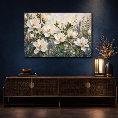 Mockup 4. Modern Acrylic Painting White Magnolia Branches Against Herb Garden shown as stretched canvas wall art