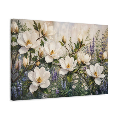 Side Mockup 3. Modern Acrylic Painting White Magnolia Branches Against Herb Garden shown as stretched canvas wall art