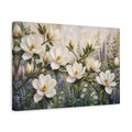 Side Mockup 4. Modern Acrylic Painting White Magnolia Branches Against Herb Garden shown as stretched canvas wall art