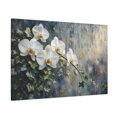 Side Mockup 1. Modern Acrylic Painting White Orchids With Trailing Ivy Near Rainy Glass shown as stretched canvas wall art