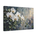 Side Mockup 4. Modern Acrylic Painting White Orchids With Trailing Ivy Near Rainy Glass shown as stretched canvas wall art
