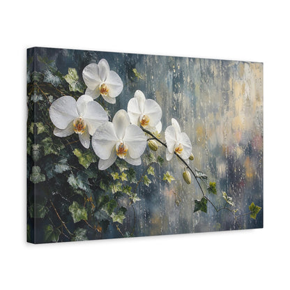 Side Mockup 4. Modern Acrylic Painting White Orchids With Trailing Ivy Near Rainy Glass shown as stretched canvas wall art
