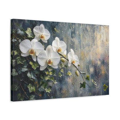 Side Mockup 3. Modern Acrylic Painting White Orchids With Trailing Ivy Near Rainy Glass shown as stretched canvas wall art