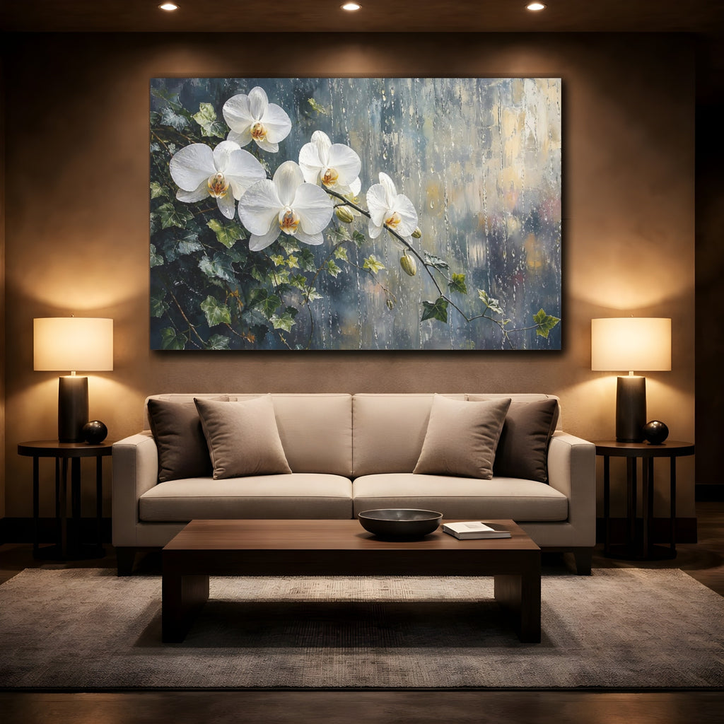 Mockup 2. Modern Acrylic Painting White Orchids With Trailing Ivy Near Rainy Glass shown as stretched canvas wall art