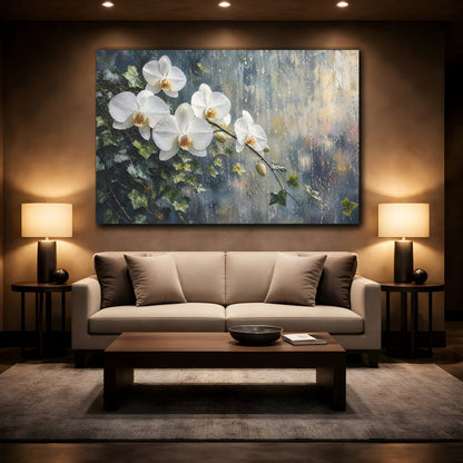 Mockup 2. Modern Acrylic Painting White Orchids With Trailing Ivy Near Rainy Glass shown as stretched canvas wall art