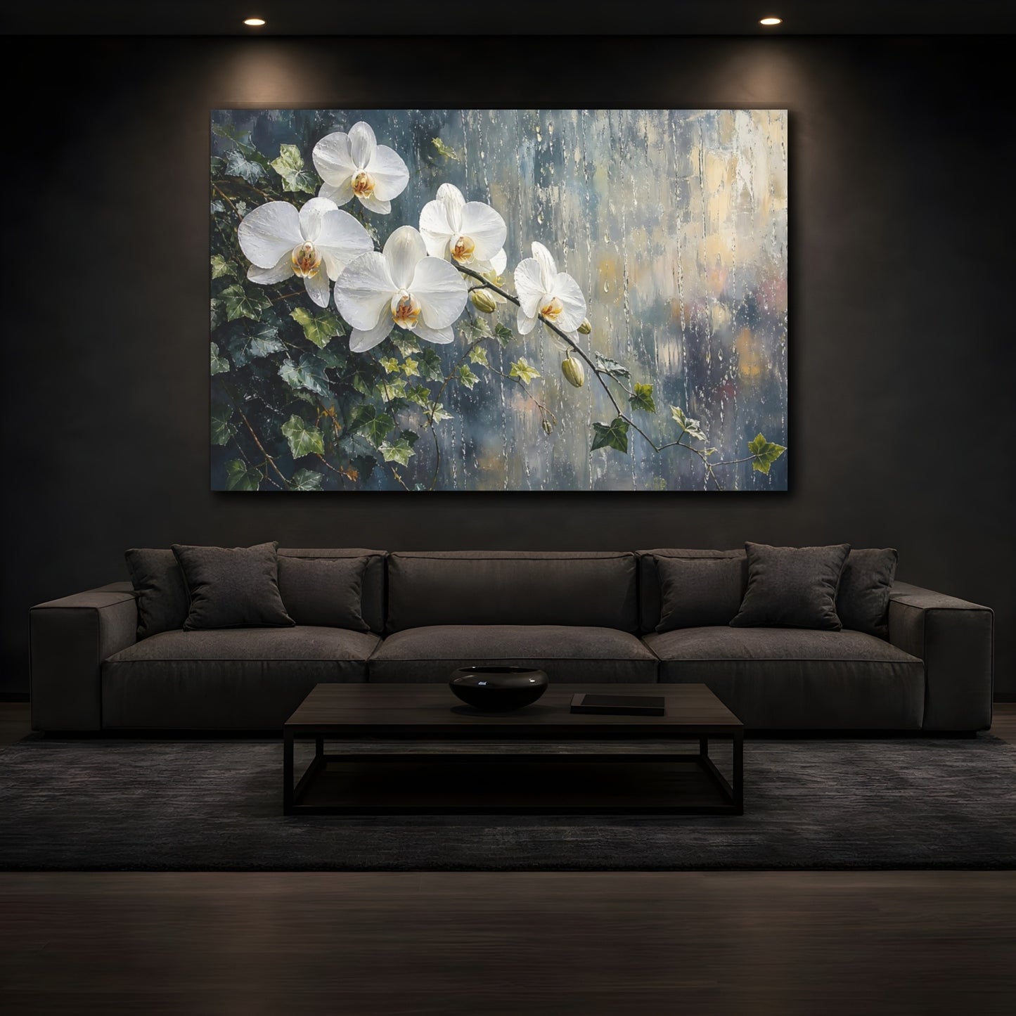 Mockup 3. Modern Acrylic Painting White Orchids With Trailing Ivy Near Rainy Glass shown as stretched canvas wall art
