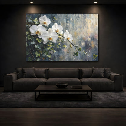 Mockup 3. Modern Acrylic Painting White Orchids With Trailing Ivy Near Rainy Glass shown as stretched canvas wall art