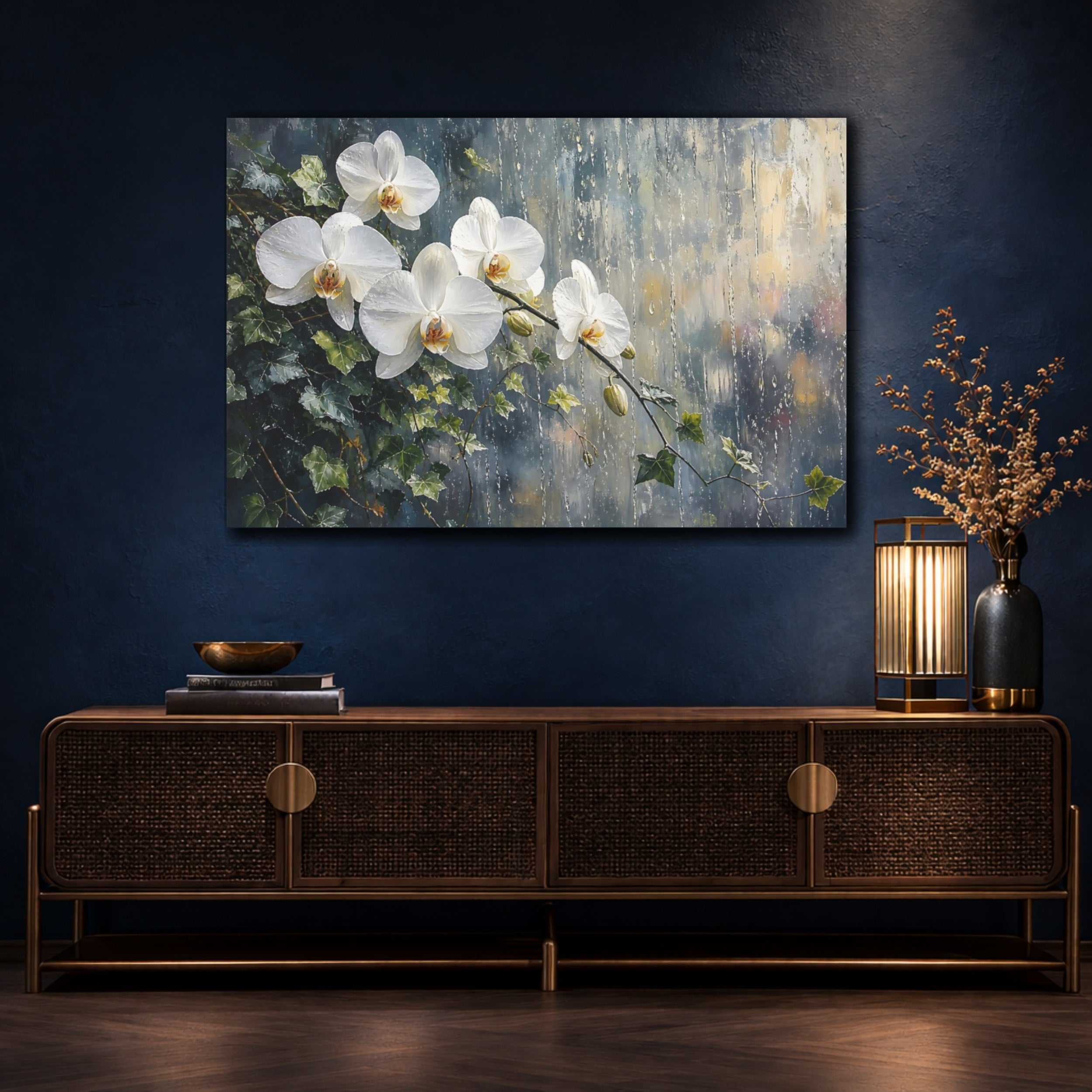 Mockup 4. Modern Acrylic Painting White Orchids With Trailing Ivy Near Rainy Glass shown as stretched canvas wall art