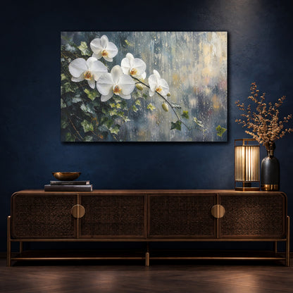 Mockup 4. Modern Acrylic Painting White Orchids With Trailing Ivy Near Rainy Glass shown as stretched canvas wall art