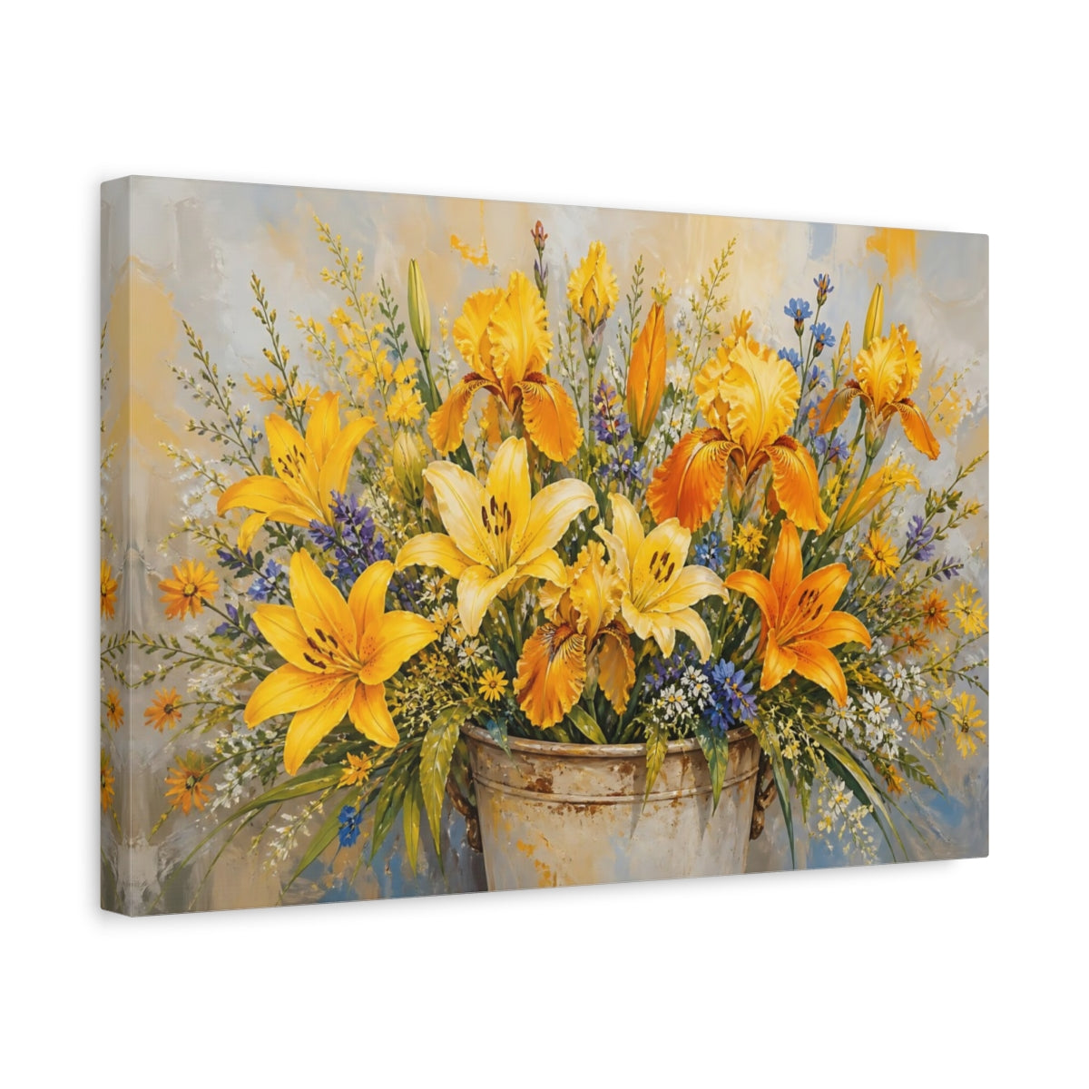 Side Mockup 4. Modern Acrylic Painting Yellow And Orange Lilies Irises In Rustic Crock shown as stretched canvas wall art