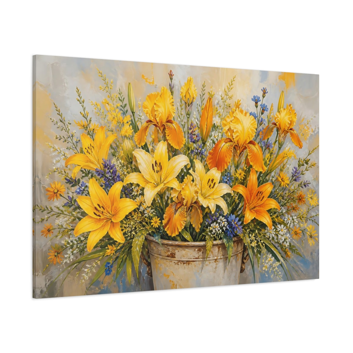 Side Mockup 1. Modern Acrylic Painting Yellow And Orange Lilies Irises In Rustic Crock shown as stretched canvas wall art