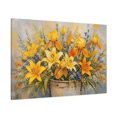 Side Mockup 1. Modern Acrylic Painting Yellow And Orange Lilies Irises In Rustic Crock shown as stretched canvas wall art