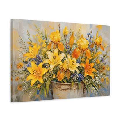 Side Mockup 3. Modern Acrylic Painting Yellow And Orange Lilies Irises In Rustic Crock shown as stretched canvas wall art
