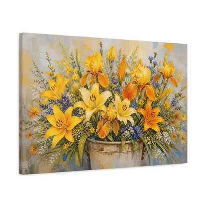 Side Mockup 2. Modern Acrylic Painting Yellow And Orange Lilies Irises In Rustic Crock shown as stretched canvas wall art