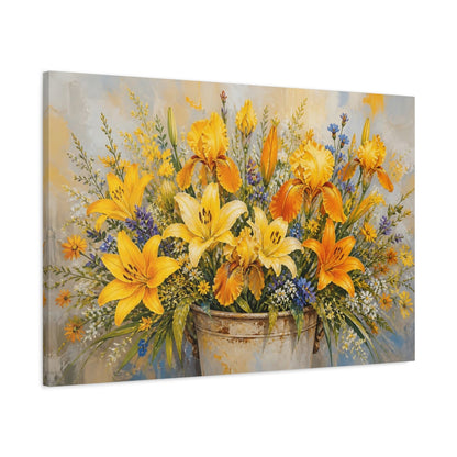 Main Mockup. Modern Acrylic Painting Yellow And Orange Lilies Irises In Rustic Crock shown as stretched canvas wall art