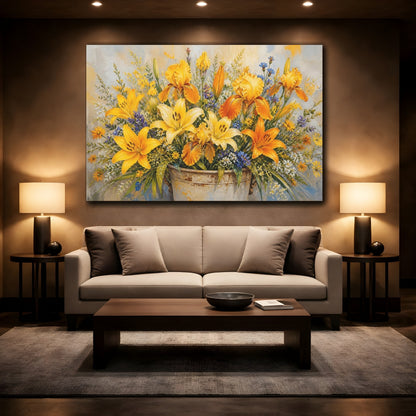 Mockup 2. Modern Acrylic Painting Yellow And Orange Lilies Irises In Rustic Crock shown as stretched canvas wall art