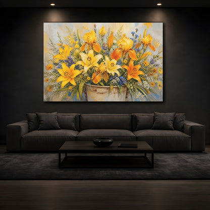 Mockup 3. Modern Acrylic Painting Yellow And Orange Lilies Irises In Rustic Crock shown as stretched canvas wall art