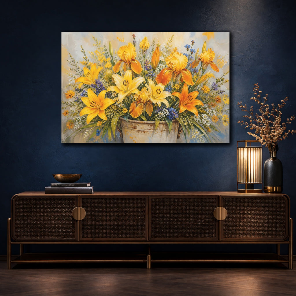 Mockup 4. Modern Acrylic Painting Yellow And Orange Lilies Irises In Rustic Crock shown as stretched canvas wall art