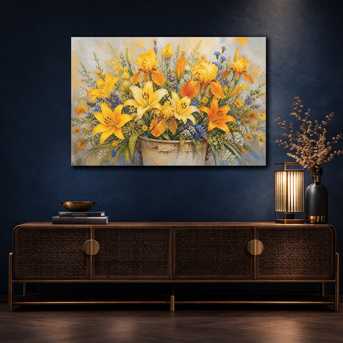 Mockup 4. Modern Acrylic Painting Yellow And Orange Lilies Irises In Rustic Crock shown as stretched canvas wall art