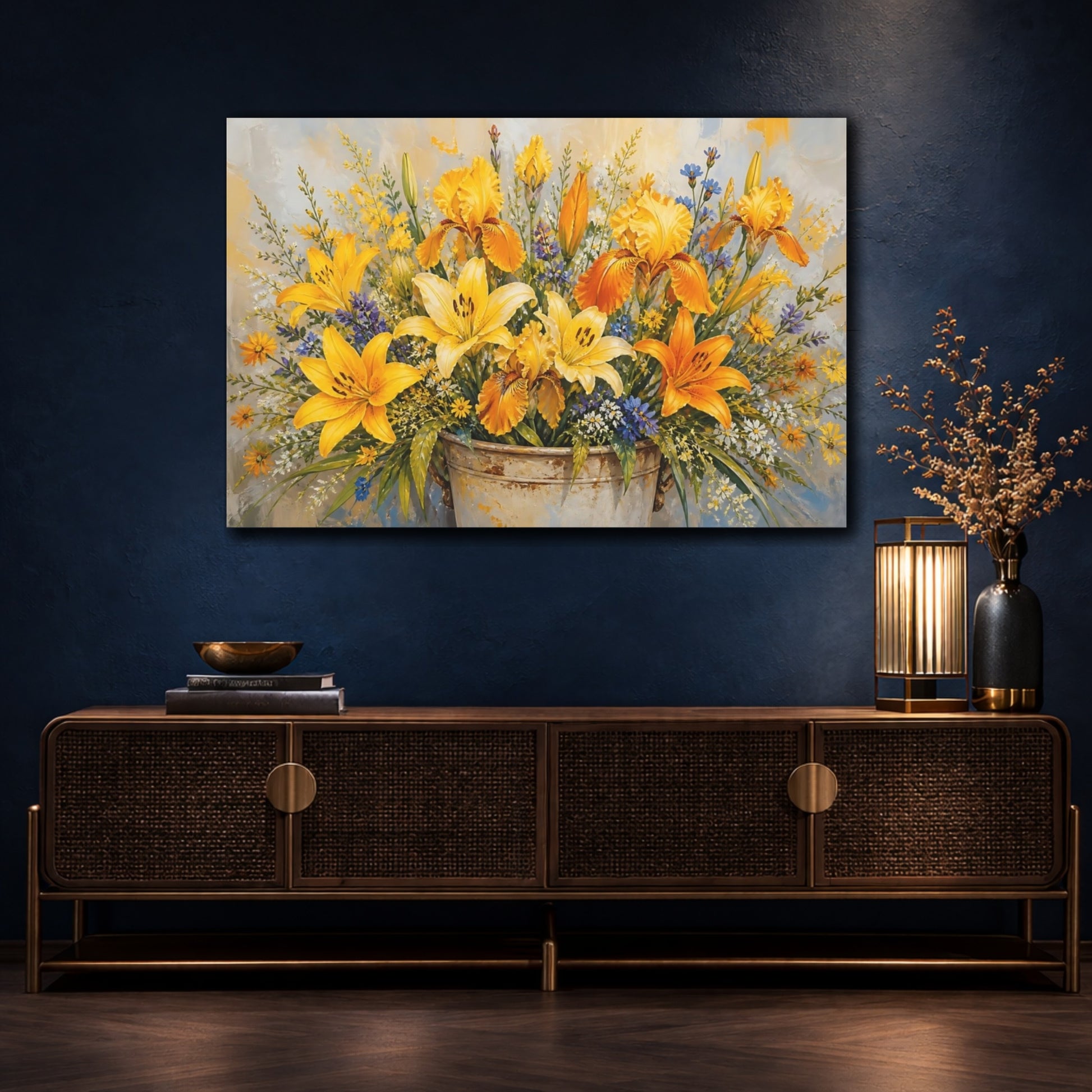 Mockup 4. Modern Acrylic Painting Yellow And Orange Lilies Irises In Rustic Crock shown as stretched canvas wall art
